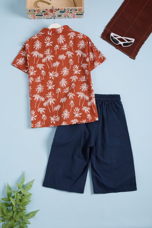 Kahverengi Palmiye Baskı Gömlekli Şortlu Erkek Takım 15642