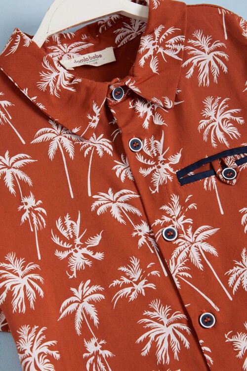 Kahverengi Palmiye Baskı Gömlekli Şortlu Erkek Takım 15642