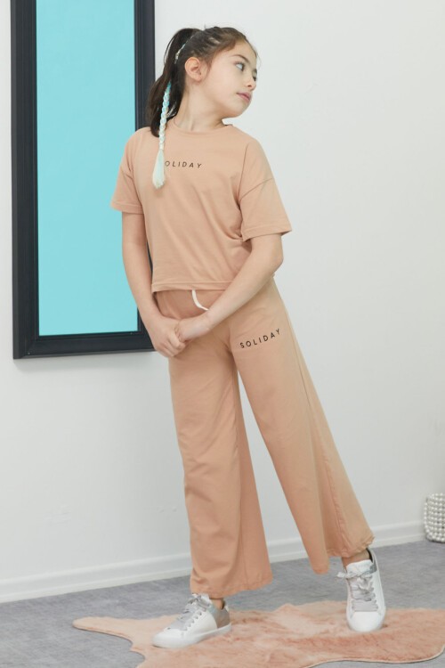 Kahverengi Soliday Baskılı Kız Çocuk Alt Üst Takım 15392