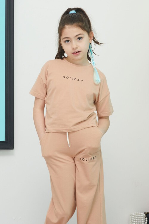 Kahverengi Soliday Baskılı Kız Çocuk Alt Üst Takım 15392