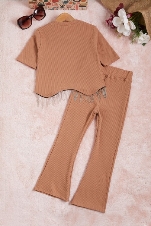 Kahverengi Taytlı Bluzlu Fitilli Kız Takım 15578