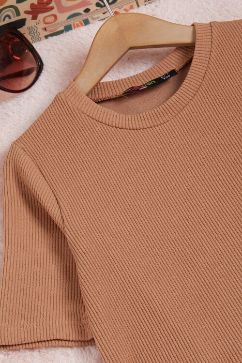 Kahverengi Taytlı Bluzlu Fitilli Kız Takım 15578