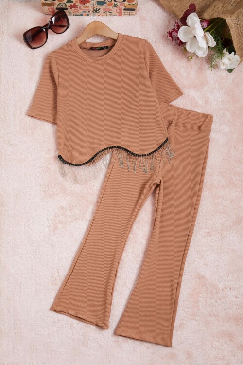 Kahverengi Taytlı Bluzlu Fitilli Kız Takım 15578