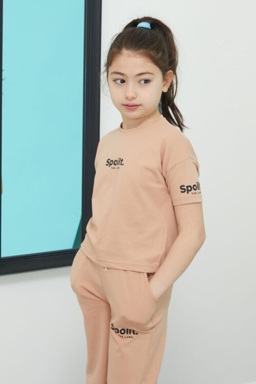Kahverengi Yazı Baskılı Kız Çocuk Alt Üst Takım 15394