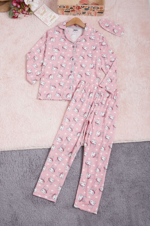 Kalpli Tavşan Baskılı Kız Çocuk Pijama Takımı 16339