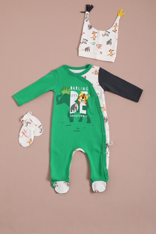 Kaplan Baskılı Şapkalı Erkek Bebek Tulum Takımı 16130