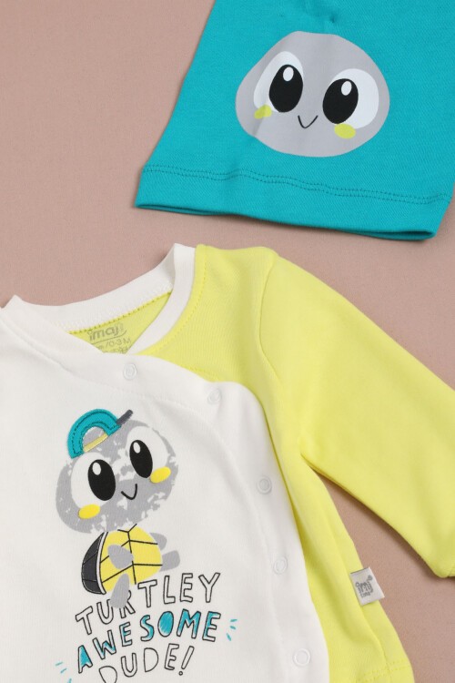 KaplumBağa Baskılı Erkek Bebek Yenidoğan 5li Zıbın Seti 16124