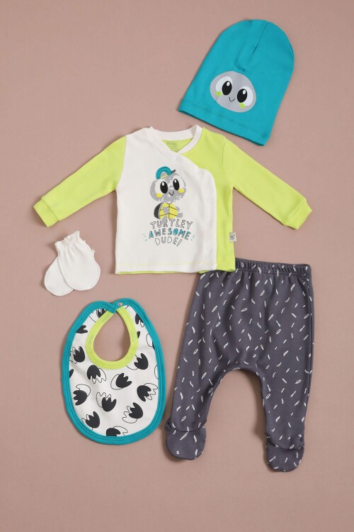 KaplumBağa Baskılı Erkek Bebek Yenidoğan 5li Zıbın Seti 16124