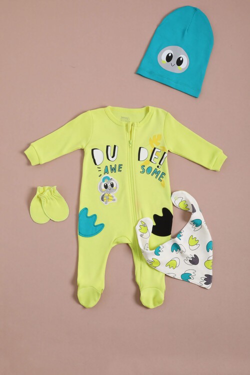 KaplumBağa Baskılı Şapkalı Erkek Bebek Tulum Takımı 16128