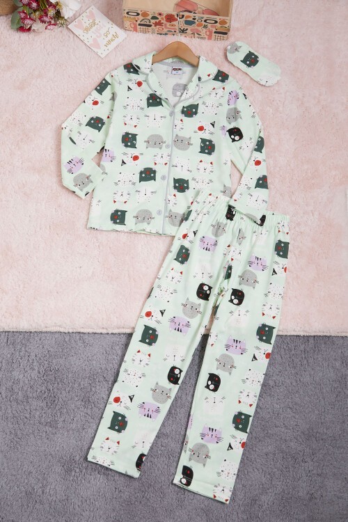 Kedi Desenli Kız Çocuk Pijama Takımı 16326