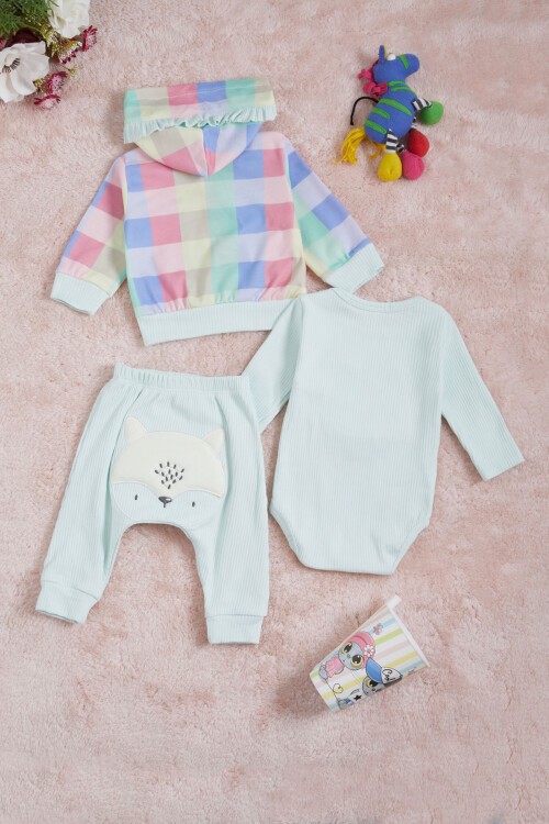 Kedi Nakışlı Çıtçıtlı Badili 3lü Kız Bebek Takım 15686