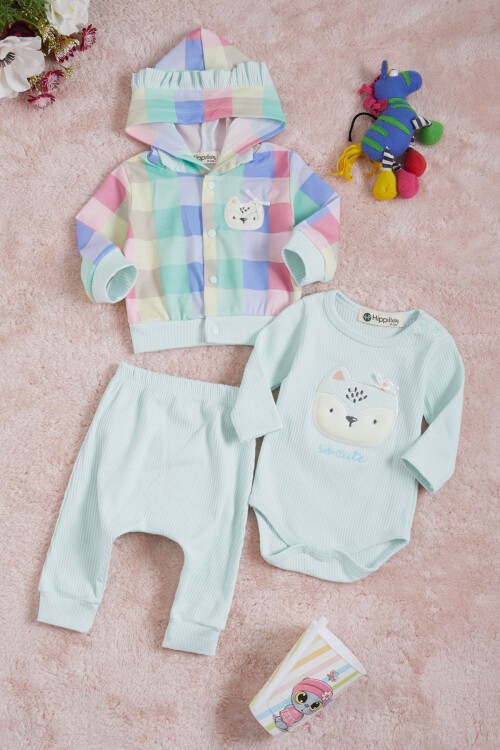 Kedi Nakışlı Çıtçıtlı Badili 3lü Kız Bebek Takım 15686