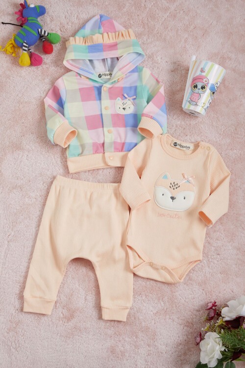 Kedi Nakışlı Çıtçıtlı Badili 3lü Kız Bebek Takım 15686