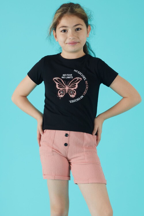 Kelebek Baskılı Payetli Kız Çocuk Şortlu Takım 15387