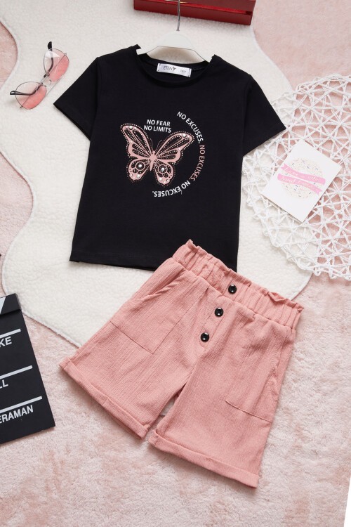 Kelebek Baskılı Payetli Kız Çocuk Şortlu Takım 15387