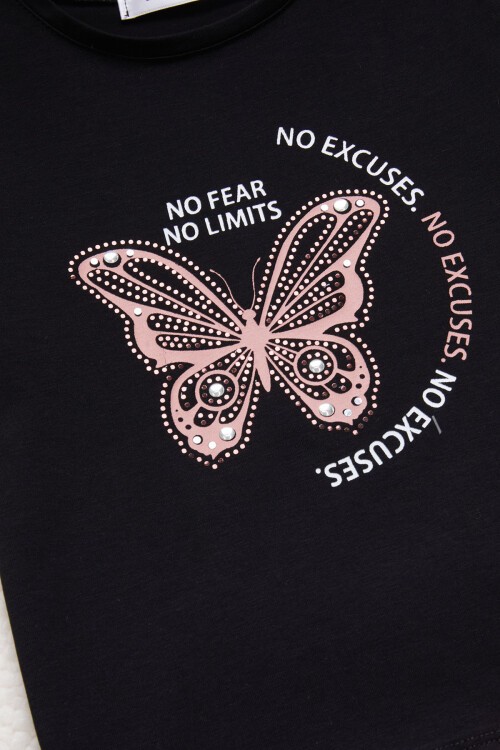 Kelebek Baskılı Payetli Kız Çocuk Şortlu Takım 15387