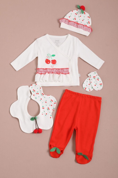 Kiraz Desenli Kız Bebek Patikli 5li Yenidoğan Zıbın Set 16121