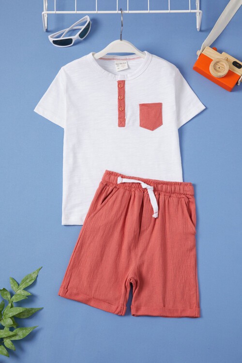 Kiremit Renk Cep Detaylı Erkek Çocuk Şortlu Takım 15457
