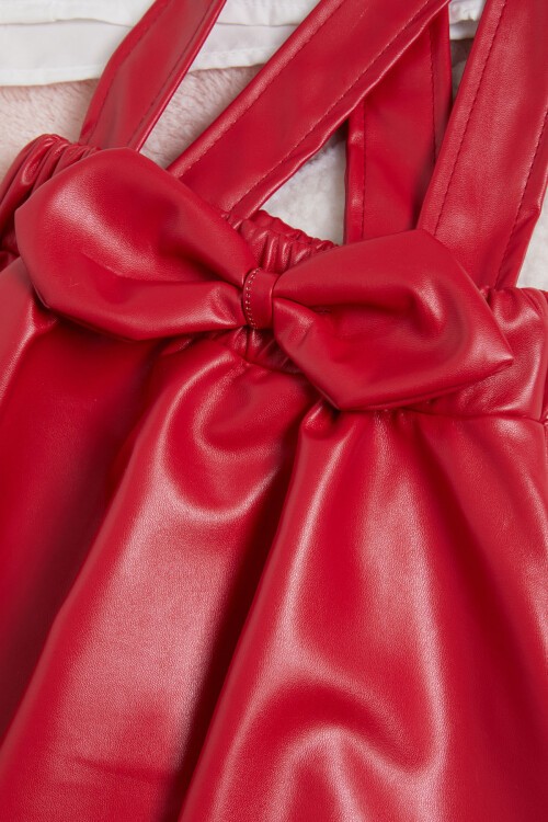 Kırmızı Deri Etekli Bluzlu Kız Çocuk Salopet Takım 15560