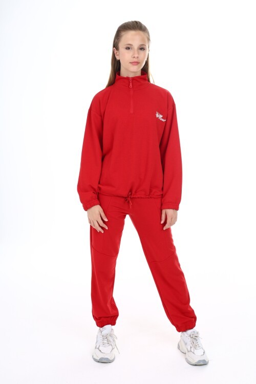 Kırmızı Follow Baskılı Fermuar Yakalı Kız Çocuk Eşofman Takımı 16495