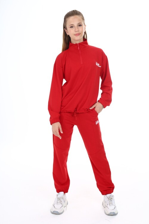 Kırmızı Follow Baskılı Fermuar Yakalı Kız Çocuk Eşofman Takımı 16495
