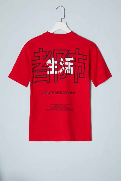 Kırmızı Sırt Baskı Detaylı Erkek Tişört 16084