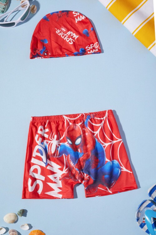 Kırmızı Spiderman Şort ve Boneli Çocuk Mayo Takımı 15617