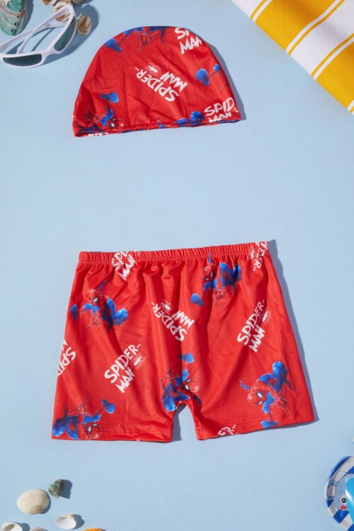 Kırmızı Spiderman Şort ve Boneli Çocuk Mayo Takımı 15617