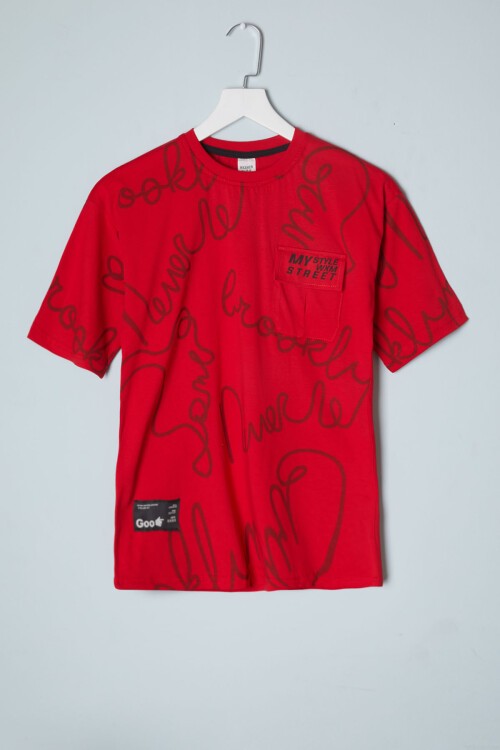 Kırmızı Yazı Desenli Cepli Erkek Tişört 16080