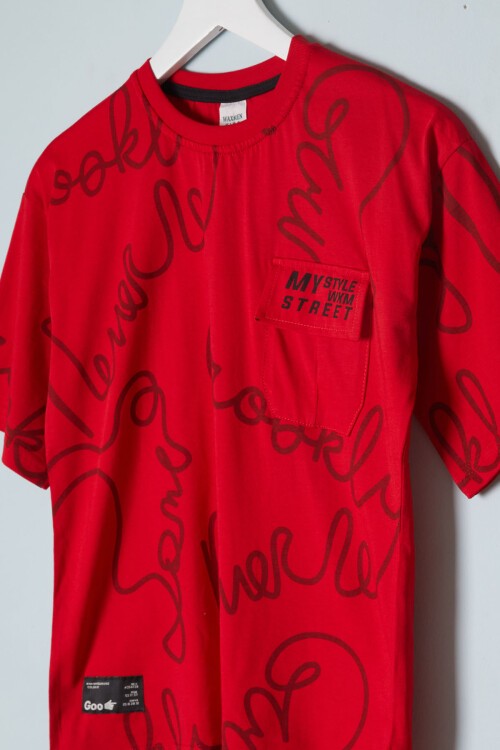 Kırmızı Yazı Desenli Cepli Erkek Tişört 16080