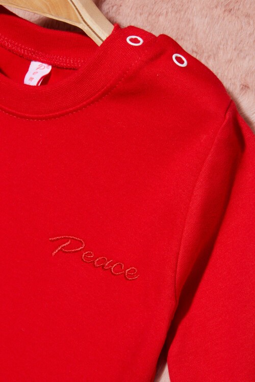 Kırmızı Yazı Nakışlı Kız Çocuk Çıtçıtlı Sweatshirt 16421