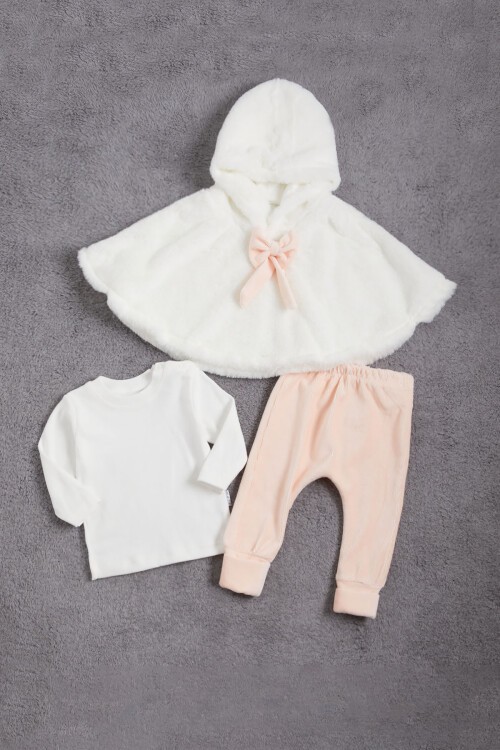 Kız Bebek Somon Peluş Pelerinli 3lü Eşofman Takımı 16157