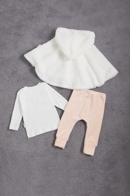 Kız Bebek Somon Peluş Pelerinli 3lü Eşofman Takımı 16157