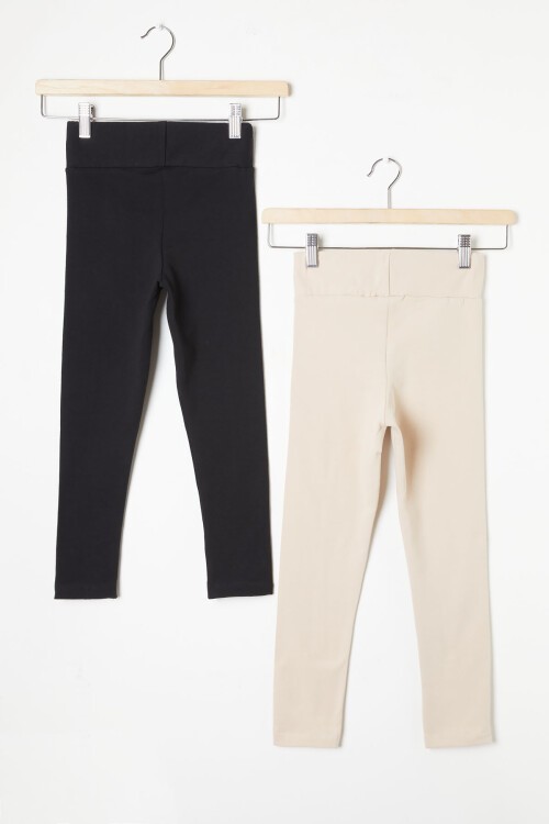 Kız Çocuk 2li Düz Tayt Siyah-Krem 16381