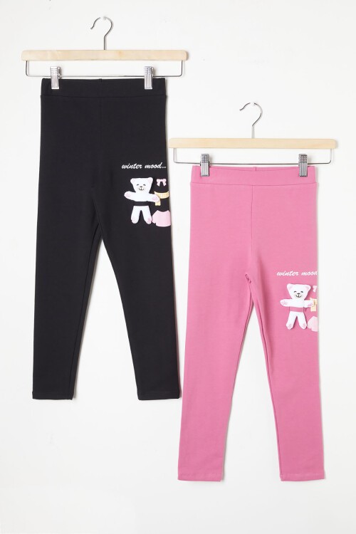 Kız Çocuk Ayıcık Detaylı 2li Tayt Siyah-Koyu Pembe 16379