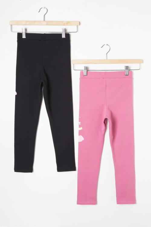 Kız Çocuk Ayıcık Detaylı 2li Tayt Siyah-Koyu Pembe 16379