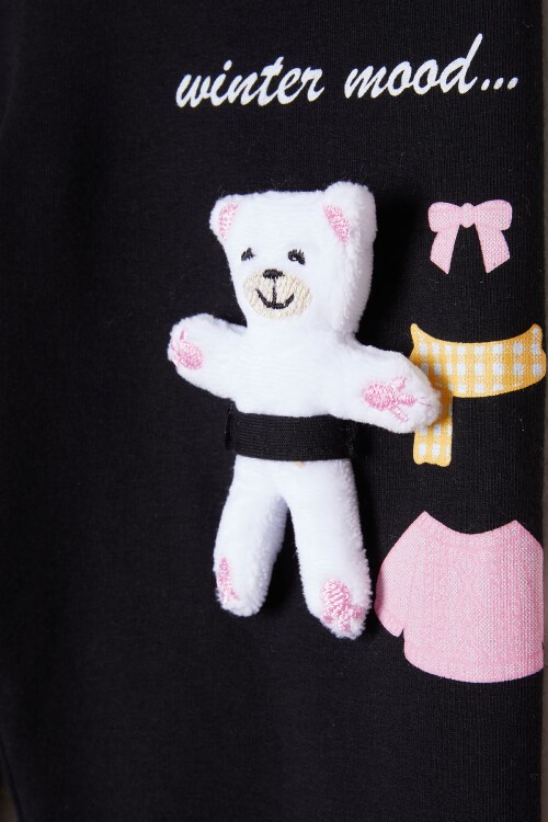 Kız Çocuk Ayıcık Detaylı 2li Tayt Siyah-Koyu Pembe 16379