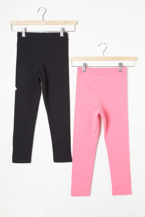 Kız Çocuk Ayıcık Detaylı 2li Tayt Siyah-Pembe 16378