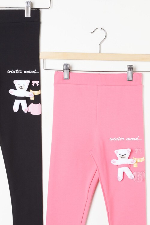 Kız Çocuk Ayıcık Detaylı 2li Tayt Siyah-Pembe 16378