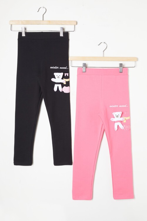 Kız Çocuk Ayıcık Detaylı 2li Tayt Siyah-Pembe 16378