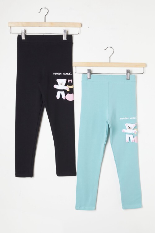 Kız Çocuk Ayıcık Detaylı 2li Tayt Siyah-Yeşil 16380