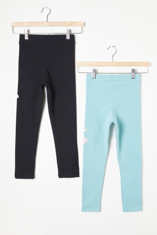 Kız Çocuk Ayıcık Detaylı 2li Tayt Siyah-Yeşil 16380