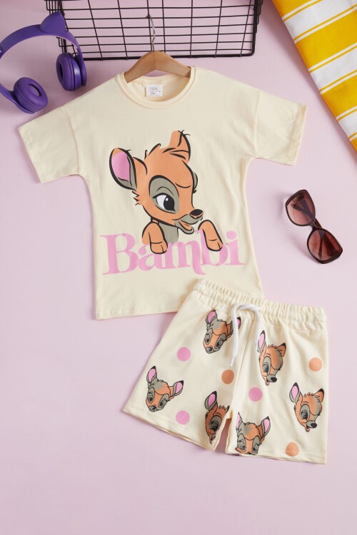 Kız Çocuk Bambi Geyik Baskılı Yazlık Şortlu Takım 15474