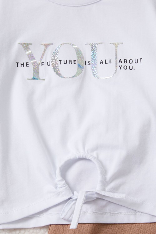 Kız Çocuk Beyaz Yazı Baskılı Bluzlu Kargo Pantolonlu Takım 15455