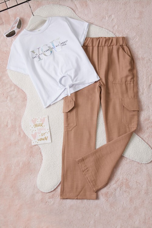 Kız Çocuk Beyaz Yazı Baskılı Bluzlu Kargo Pantolonlu Takım 15455