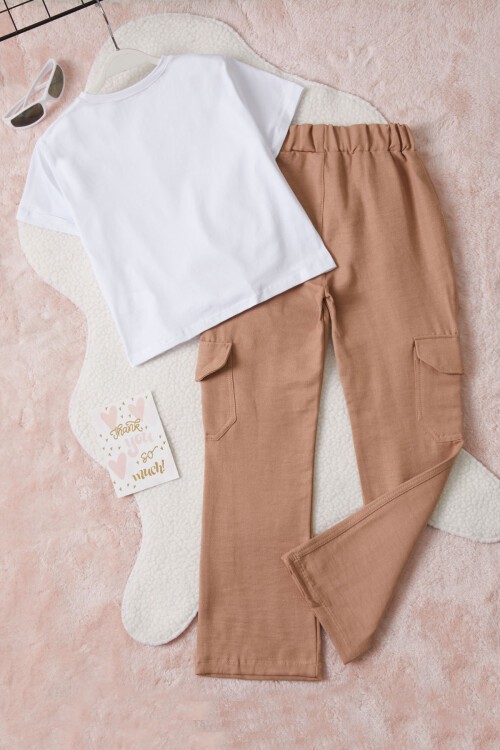 Kız Çocuk Beyaz Yazı Baskılı Bluzlu Kargo Pantolonlu Takım 15455