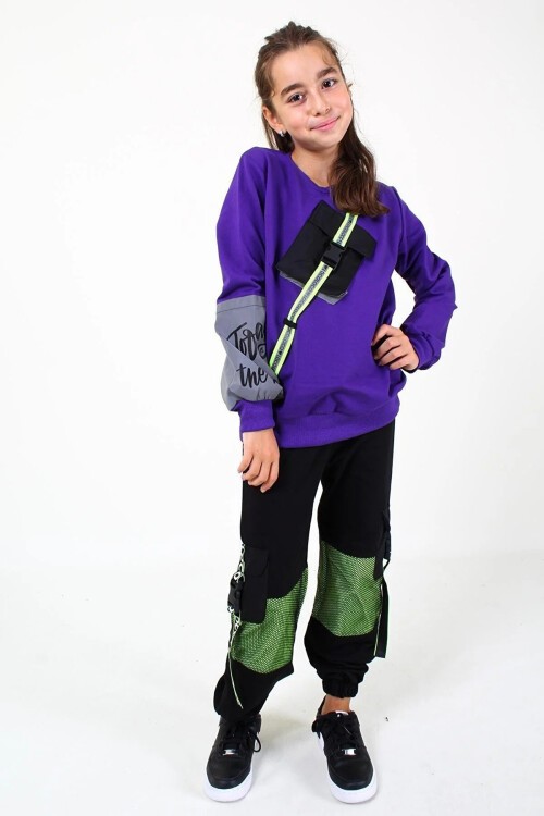 Kız Çocuk Çantalı Şeritli Sweatshirt 10-14 Yaş 14047