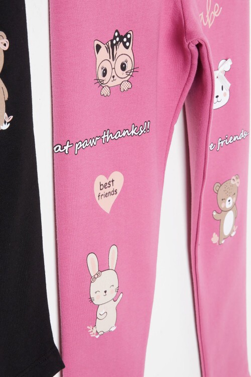 Kız Çocuk Cute Tavşan Baskı 2li Tayt Siyah-Gül Kurusu 16376