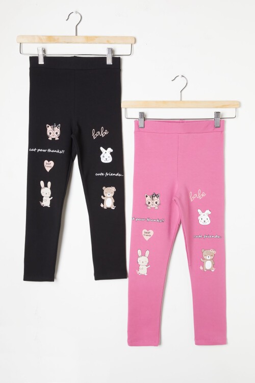 Kız Çocuk Cute Tavşan Baskı 2li Tayt Siyah-Gül Kurusu 16376