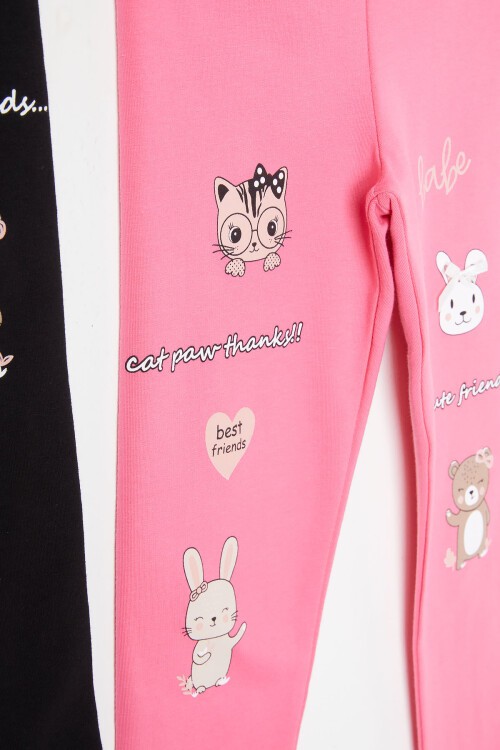 Kız Çocuk Cute Tavşan Baskı 2li Tayt Siyah-Pembe 16375